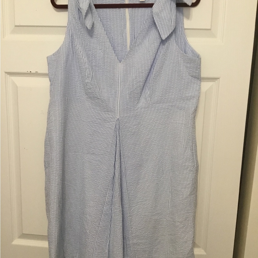 1901 Elegant Summer Dress, Pinstriped Blue, with Bows, Size 16. Never worn